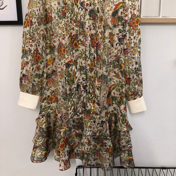 Tory Burch Gold Thread Floral Print Ruffle Dress - Picture 5 of 6